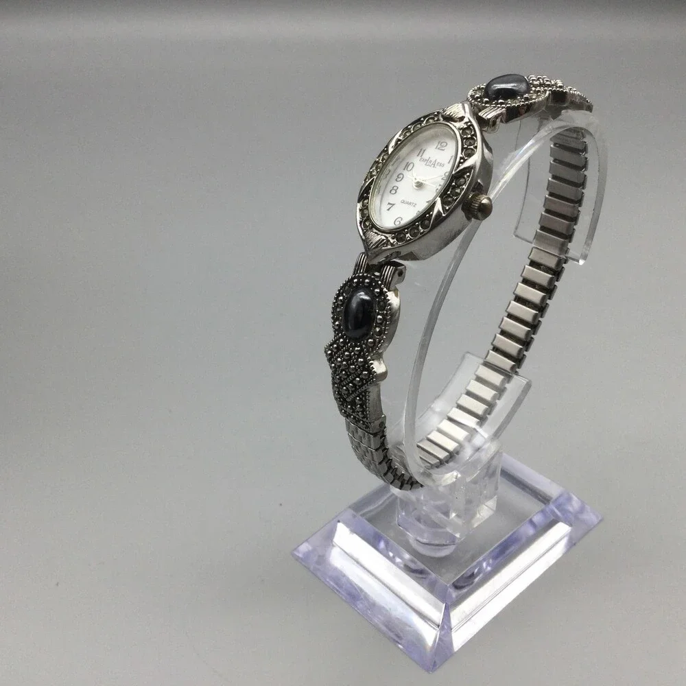 LA Express Womens Watch 18mm MOP Dial Silver Tone Marcasite Stretch New Battery